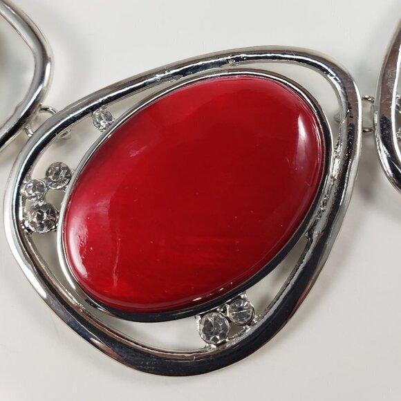 RSVP Silver Tone Statement Necklace – Red Oval Crystals & Hoop Accents – Women’s - Picture 10 of 12